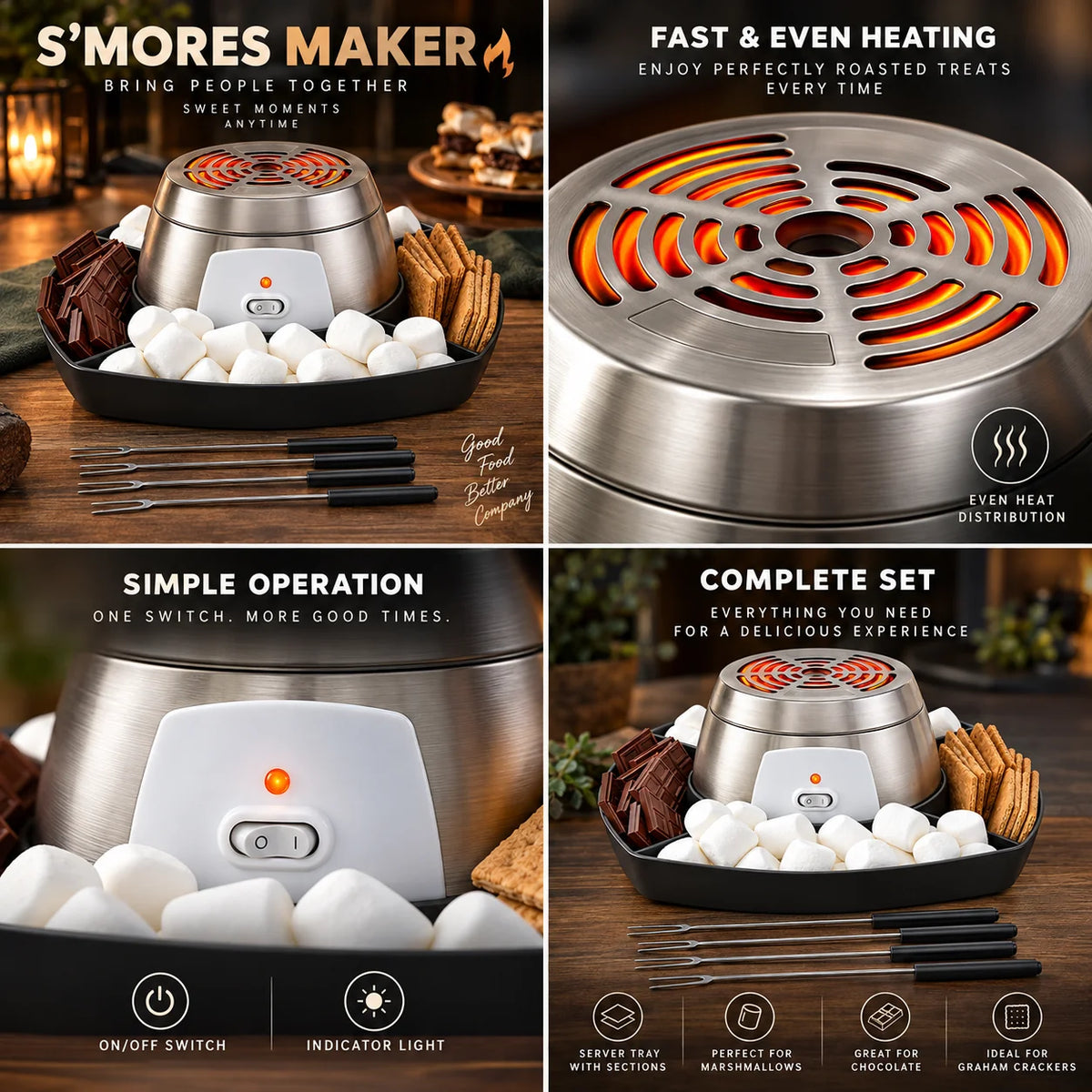 Electric S'mores Maker Flameless Compartmented Tray & 4 Skewers