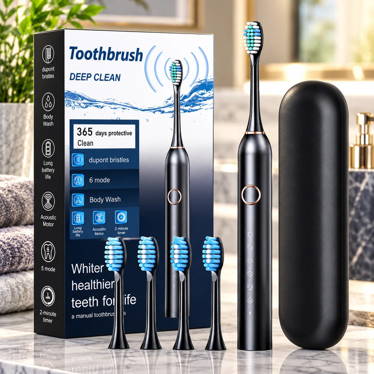 Electric Toothbrush Sonic Six Modes USB Rechargeable Travel Case