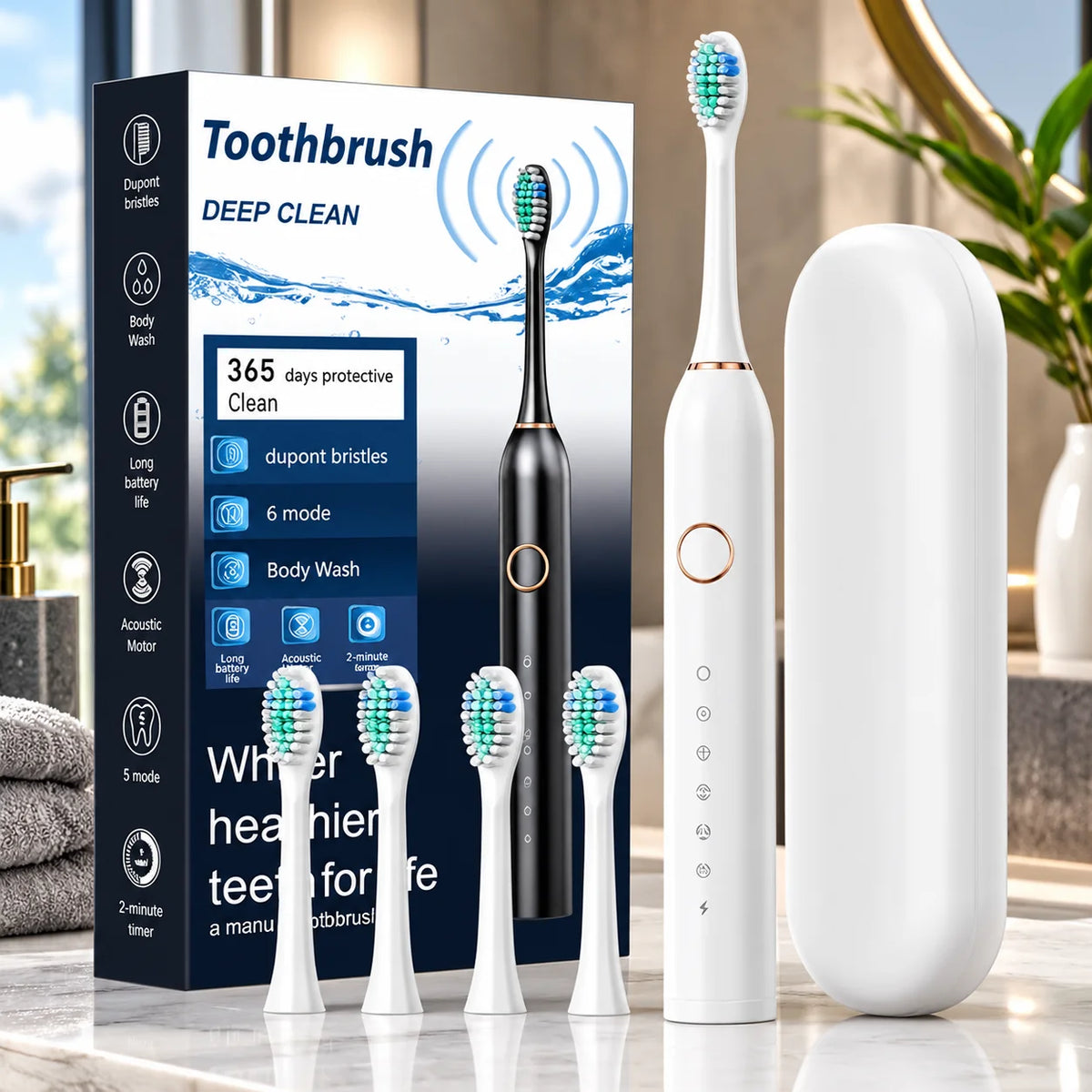 Electric Toothbrush Sonic Six Modes USB Rechargeable Travel Case