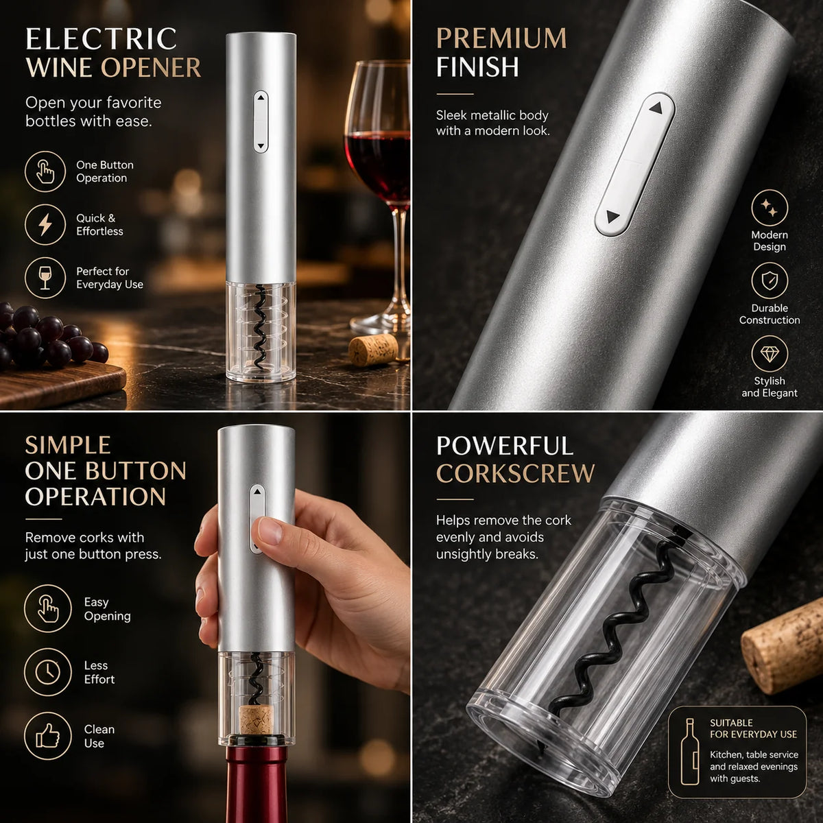 Electric Wine Opener Button-Operated Natural & Synthetic Corks