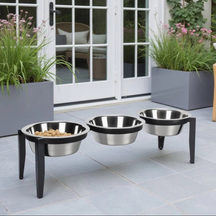 Elevated Dog Feeder Triple Stainless Steel Bowls Weather-Resistant Stand