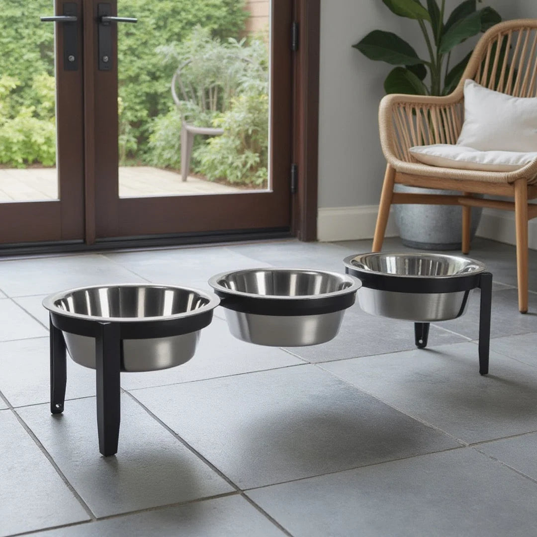Elevated Dog Feeder Triple Stainless Steel Bowls Weather-Resistant Stand