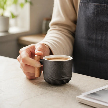 Espresso Cups Handcrafted Ceramic Wooden Handle