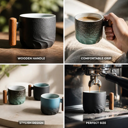 Espresso Cups Handcrafted Ceramic Wooden Handle
