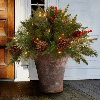 Evergreen Urn Filler Warm White LED Lights Timer Pine Cones & Berries