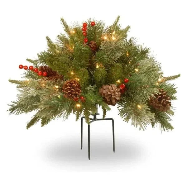 Evergreen Urn Filler Warm White LED Lights Timer Pine Cones & Berries