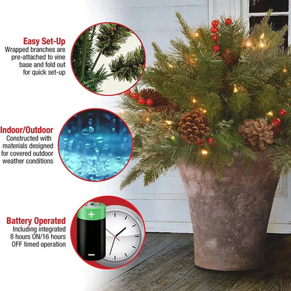 Evergreen Urn Filler Warm White LED Lights Timer Pine Cones & Berries