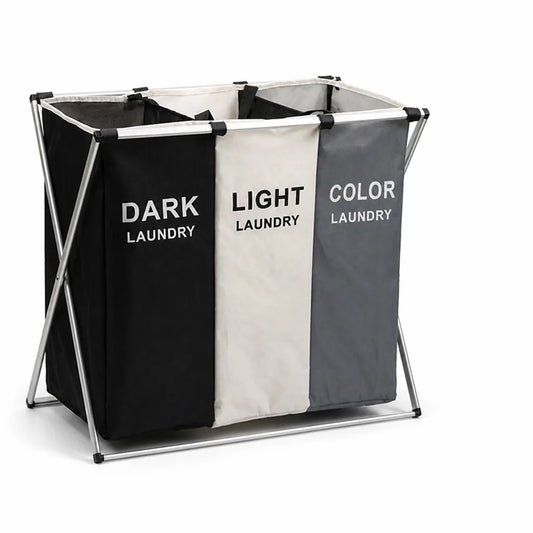Fabric and Metal Frame Laundry Basket (3-Compartment)
