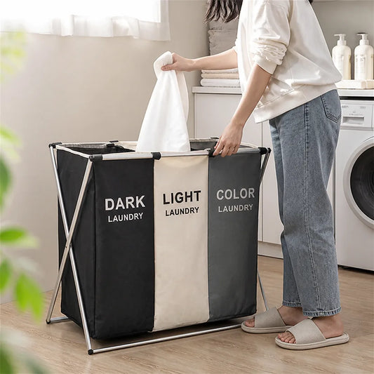 Fabric and Metal Frame Laundry Basket (3-Compartment)