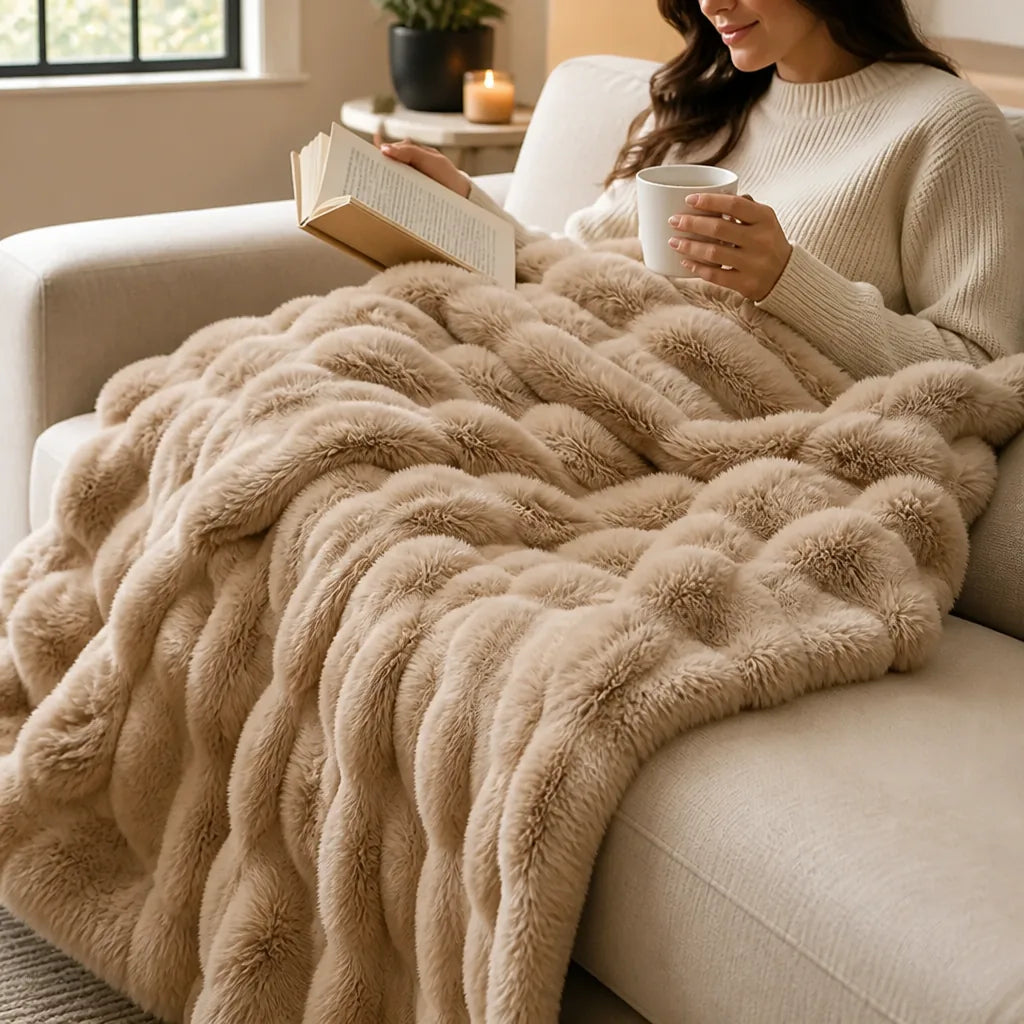 Faux Fur Machine Washable Travel Throw Blanket