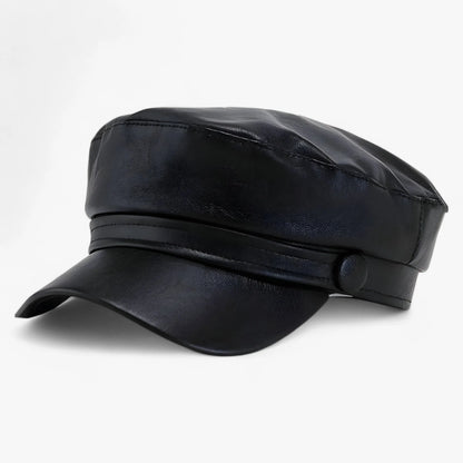 Flat Cap Octagonal Faux Leather Adjustable Fit