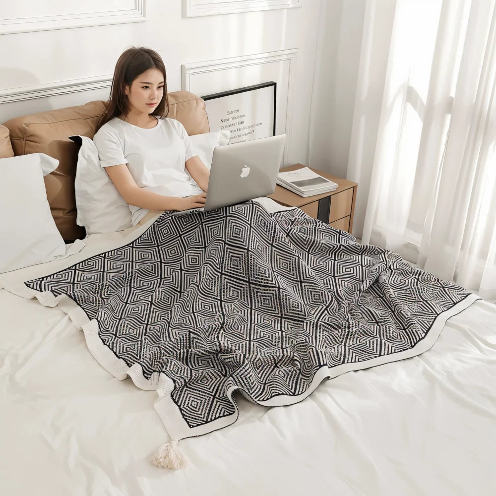 Fleece Blanket Black And White Geometric Lightweight Polyester