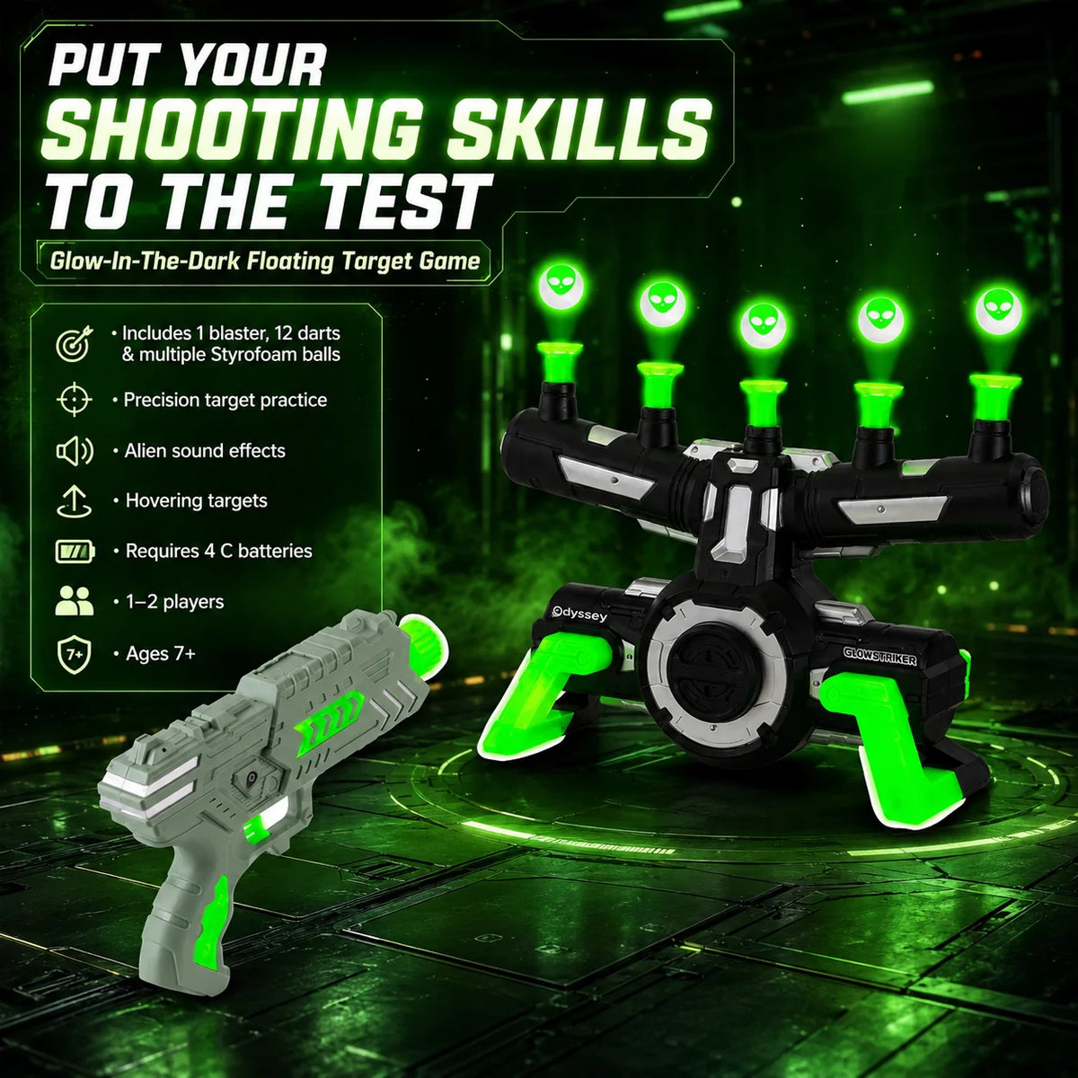 Floating Target Game Battery-Powered Glow-In-The-Dark Blaster & 12 Darts