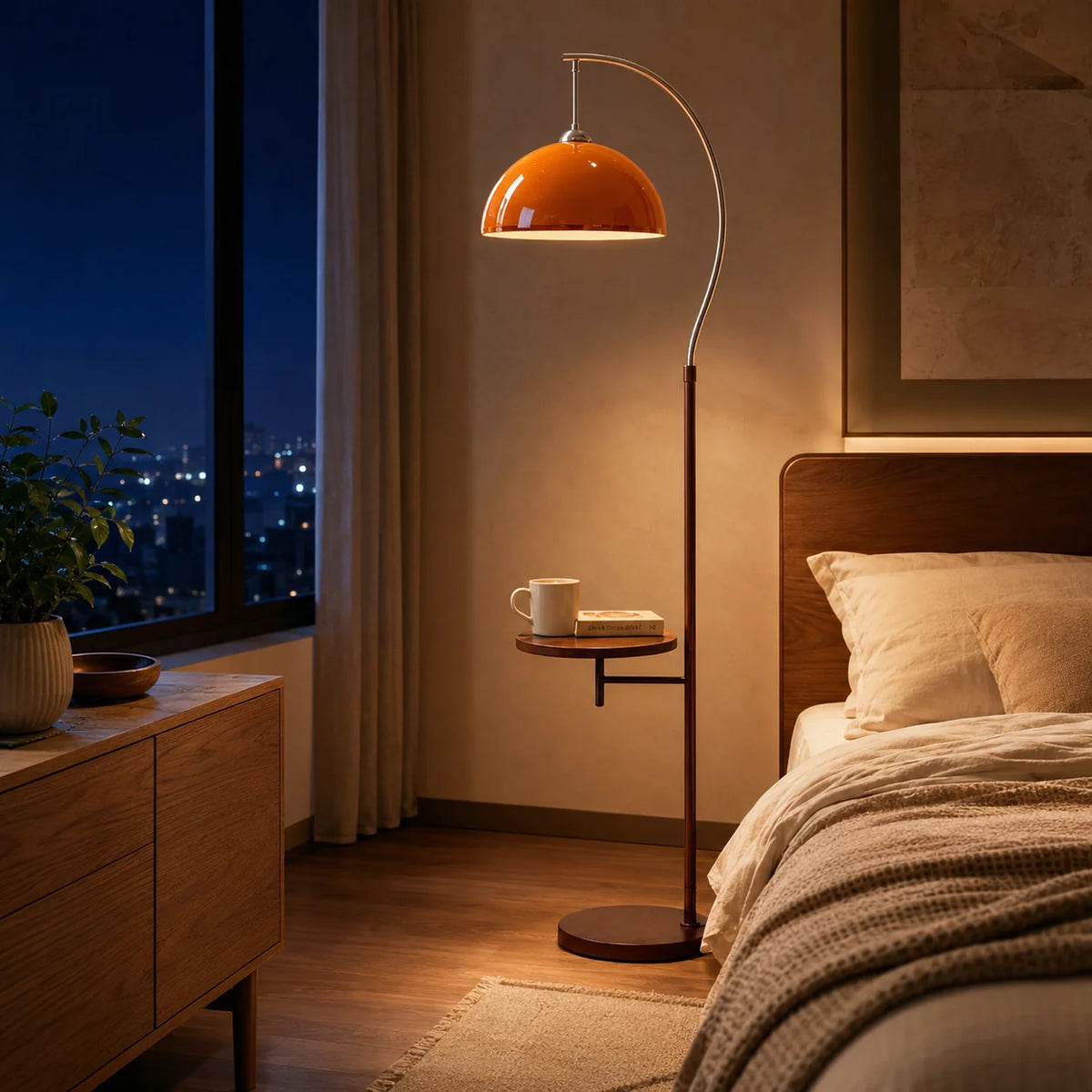 Floor Lamp Amber Acrylic Dome Wood-Tone Base