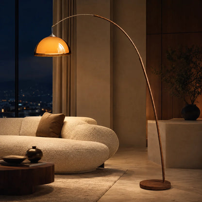 Floor Lamp Amber Acrylic Dome Wood-Tone Base