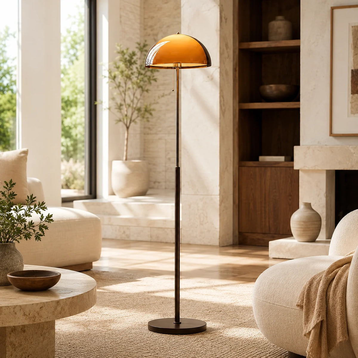 Floor Lamp Amber Acrylic Dome Wood-Tone Base
