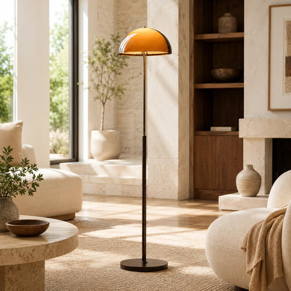 Floor Lamp Amber Acrylic Dome Wood-Tone Base