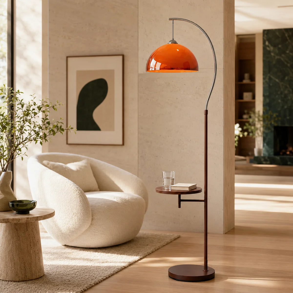 Floor Lamp Amber Acrylic Dome Wood-Tone Base