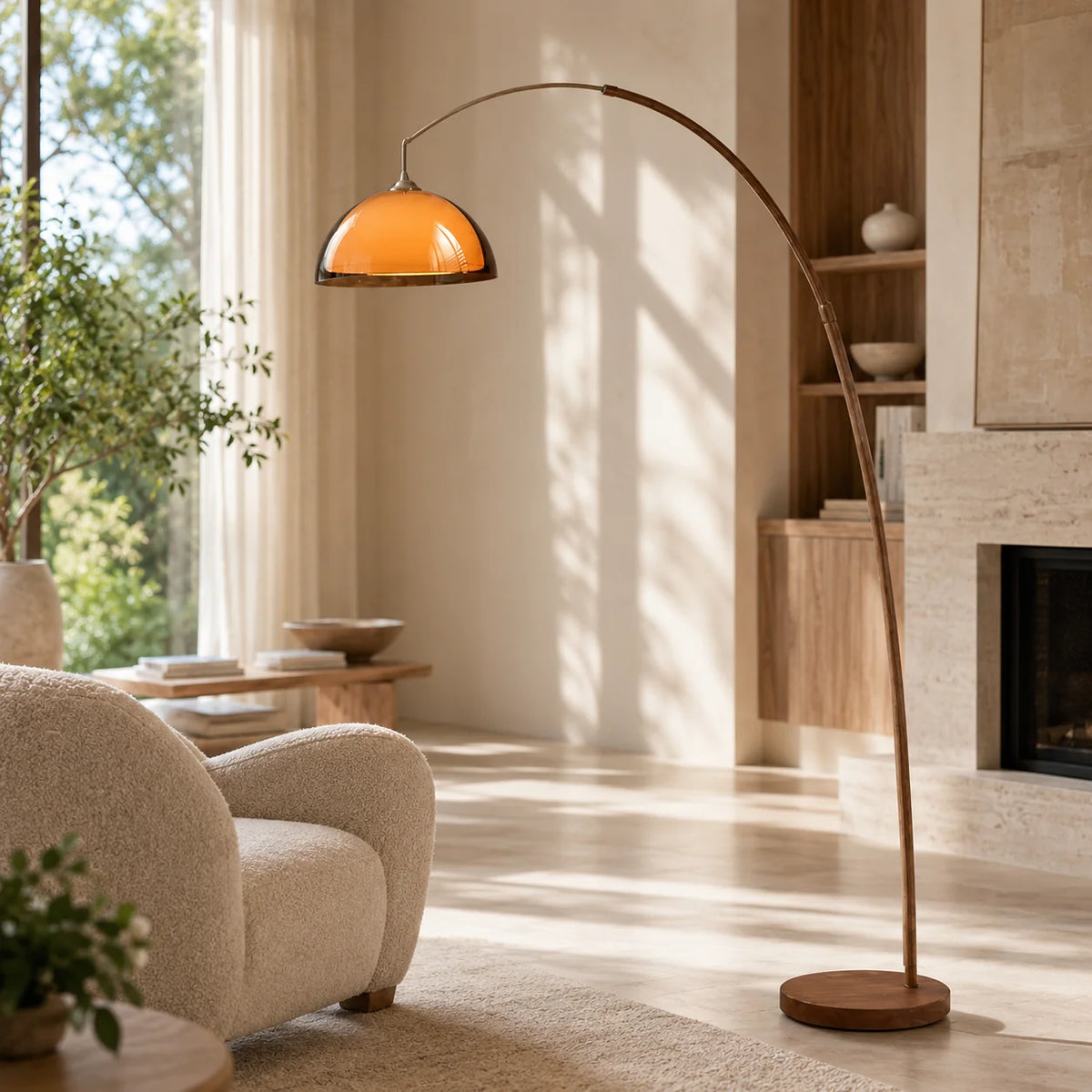 Floor Lamp Amber Acrylic Dome Wood-Tone Base