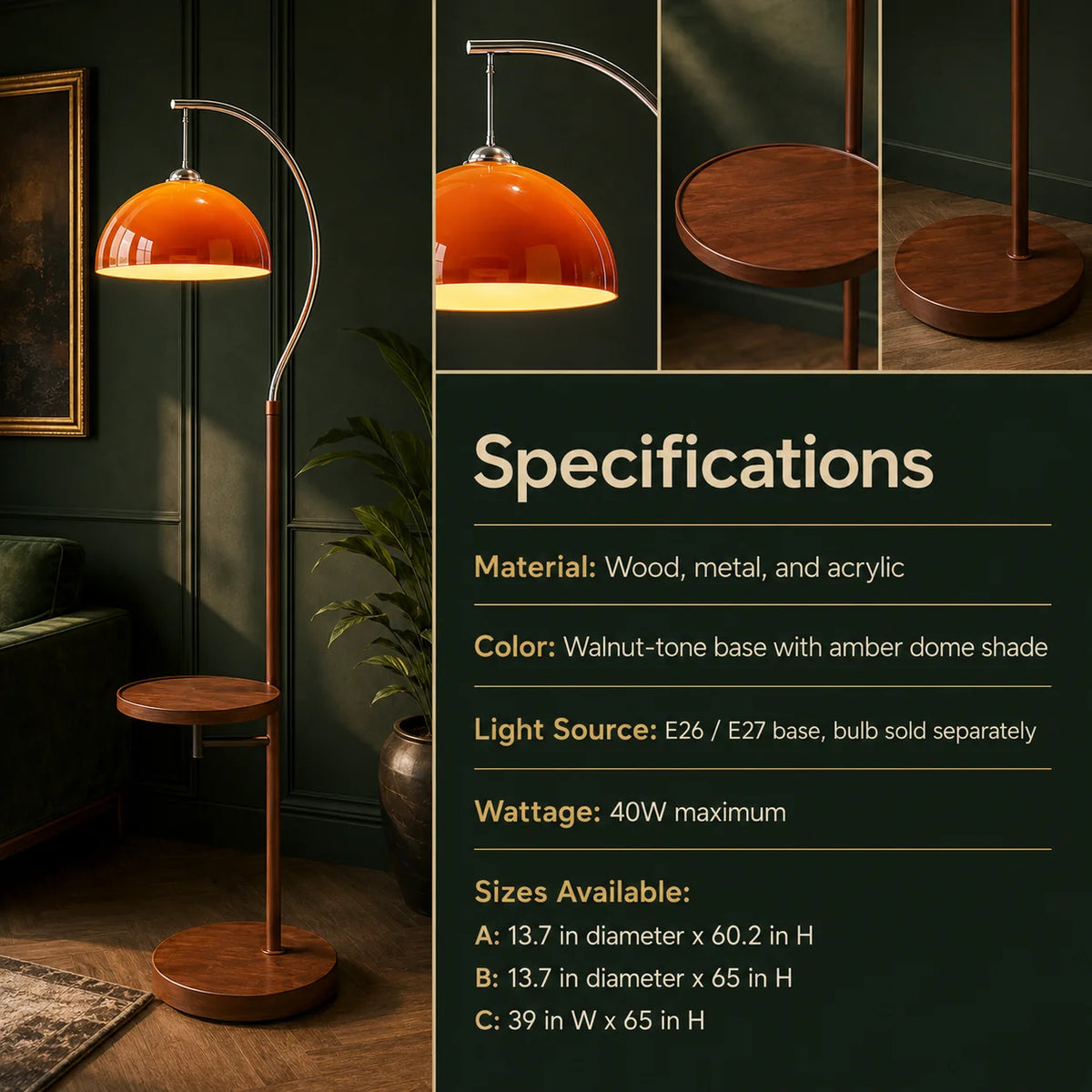 Floor Lamp Amber Acrylic Dome Wood-Tone Base