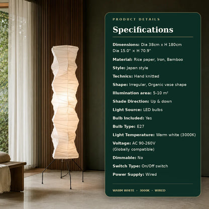 Floor Lamp Handcrafted Rice Paper Shade Bamboo Frame