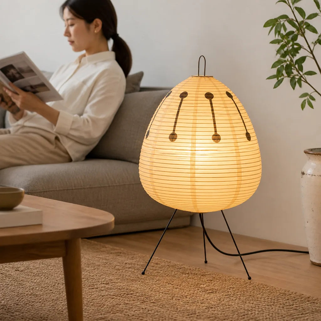 Floor Lamp Rice Paper Shade Black Tripod Plug-In