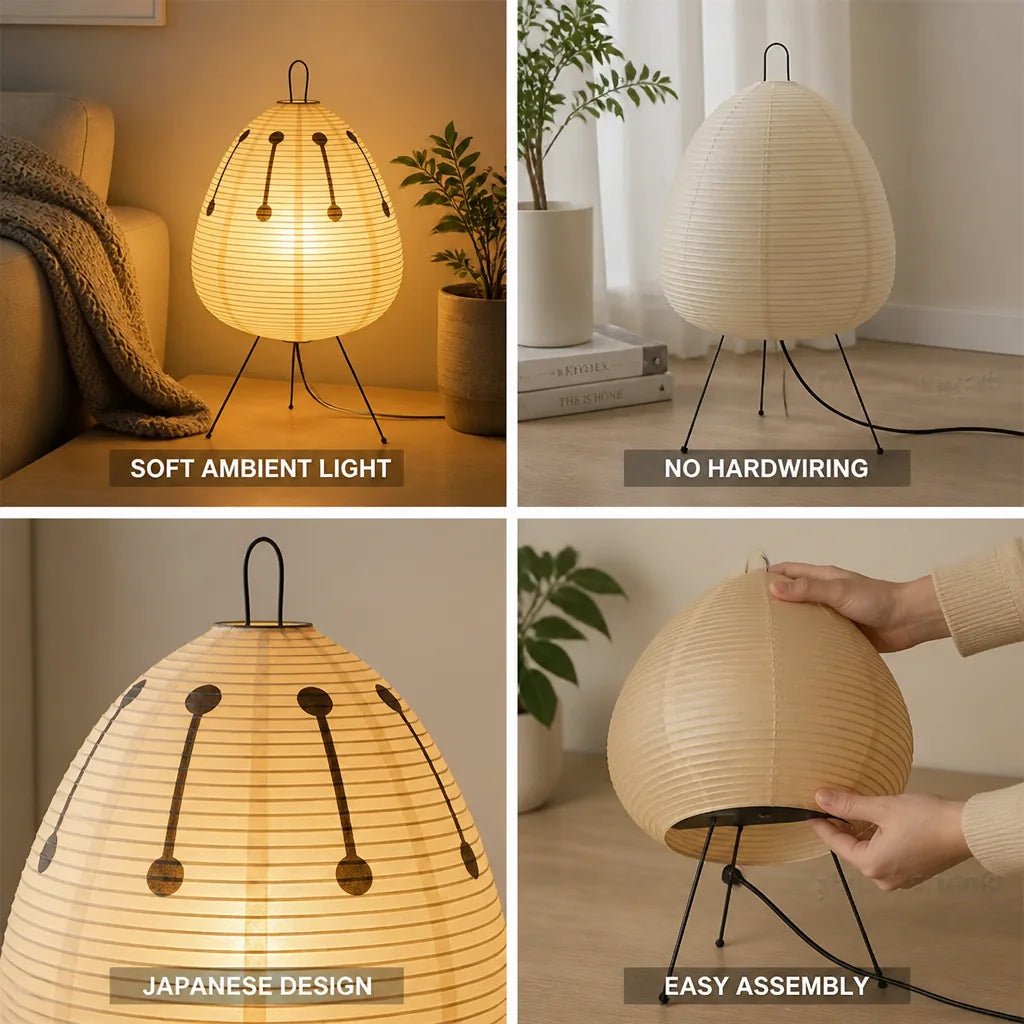 Floor Lamp Rice Paper Shade Black Tripod Plug-In