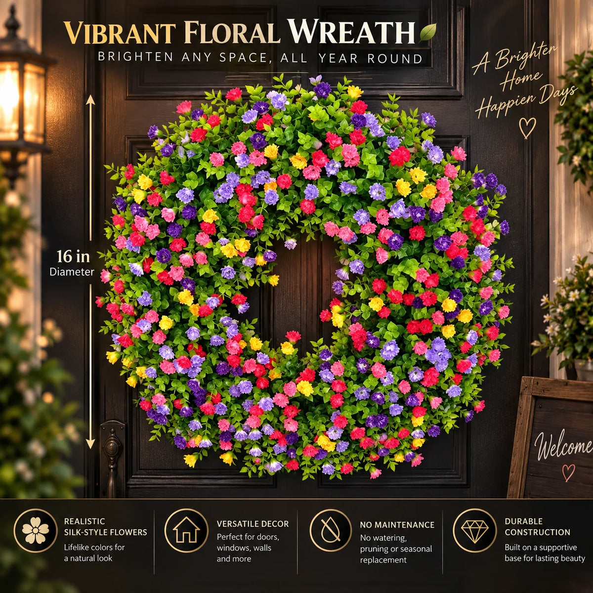 Floral Wreath Silk-Style Eucalyptus & Mini Blossoms 16 Inch