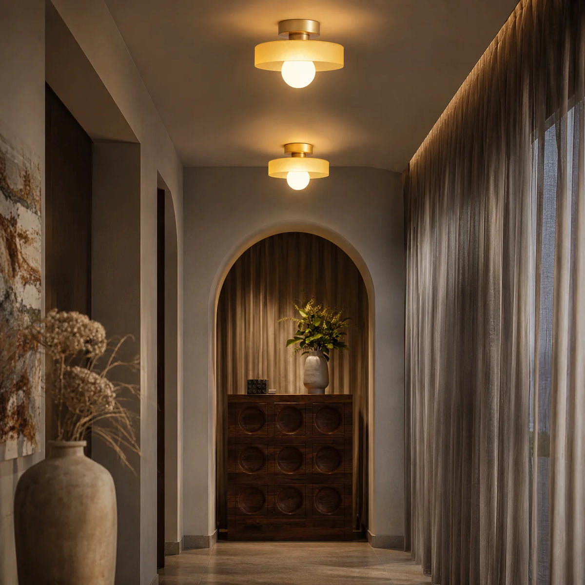 Flush Mount Ceiling Light Glass Dome & Brass Accents Low-Profile