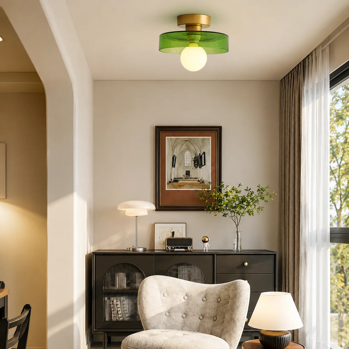 Flush Mount Ceiling Light Glass Dome & Brass Accents Low-Profile