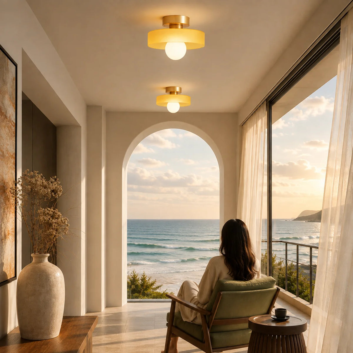 Flush Mount Ceiling Light Glass Dome & Brass Accents Low-Profile