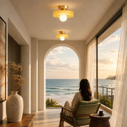 Flush Mount Ceiling Light Glass Dome & Brass Accents Low-Profile