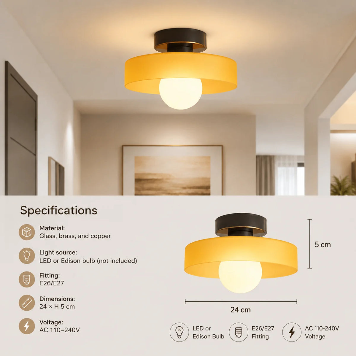 Flush Mount Ceiling Light Glass Dome & Brass Accents Low-Profile