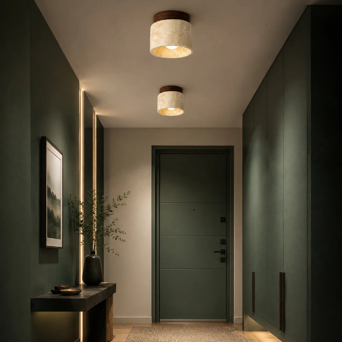 Flush Mount Ceiling Light Travertine Stone Wood Plate