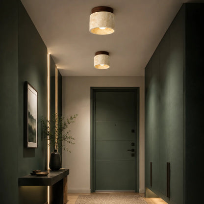 Flush Mount Ceiling Light Travertine Stone Wood Plate