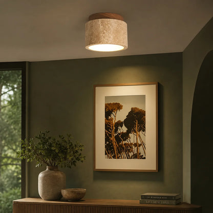 Flush Mount Ceiling Light Travertine Stone Wood Plate