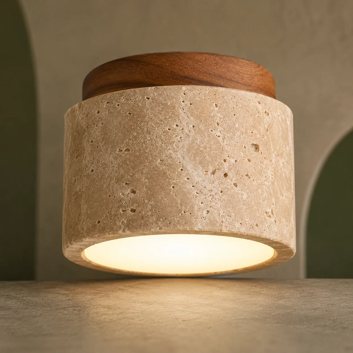 Flush Mount Ceiling Light Travertine Stone Wood Plate