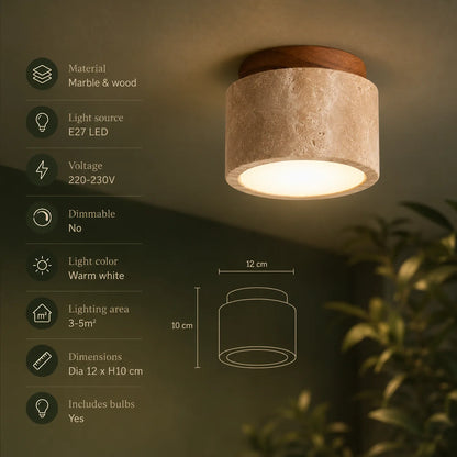 Flush Mount Ceiling Light Travertine Stone Wood Plate