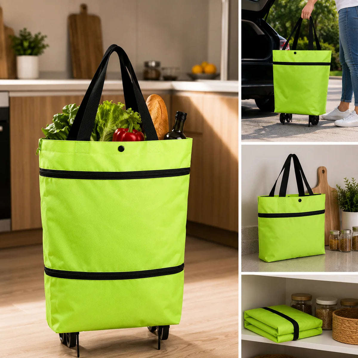 Foldable Shopping Bag Built-In Wheels Durable Fabric