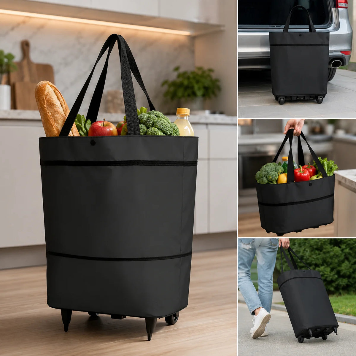 Foldable Shopping Bag Built-In Wheels Durable Fabric
