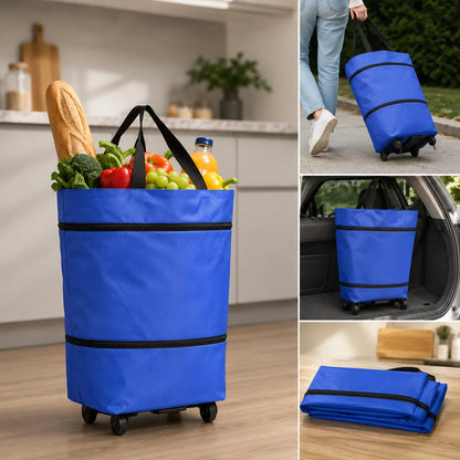 Foldable Shopping Bag Built-In Wheels Durable Fabric