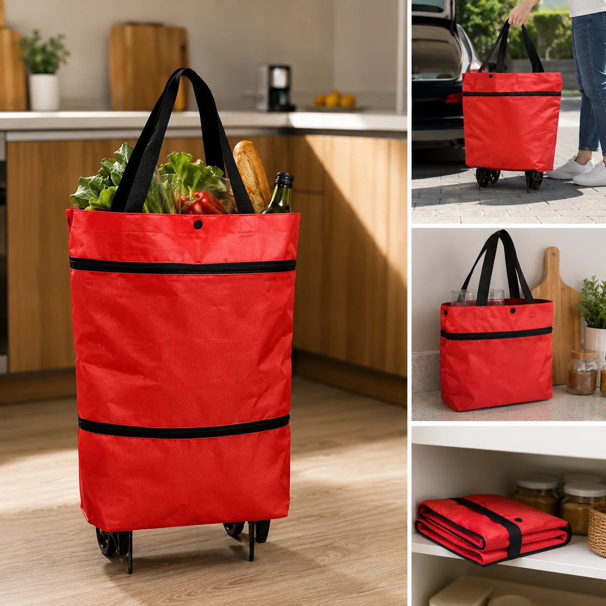 Foldable Shopping Bag Built-In Wheels Durable Fabric
