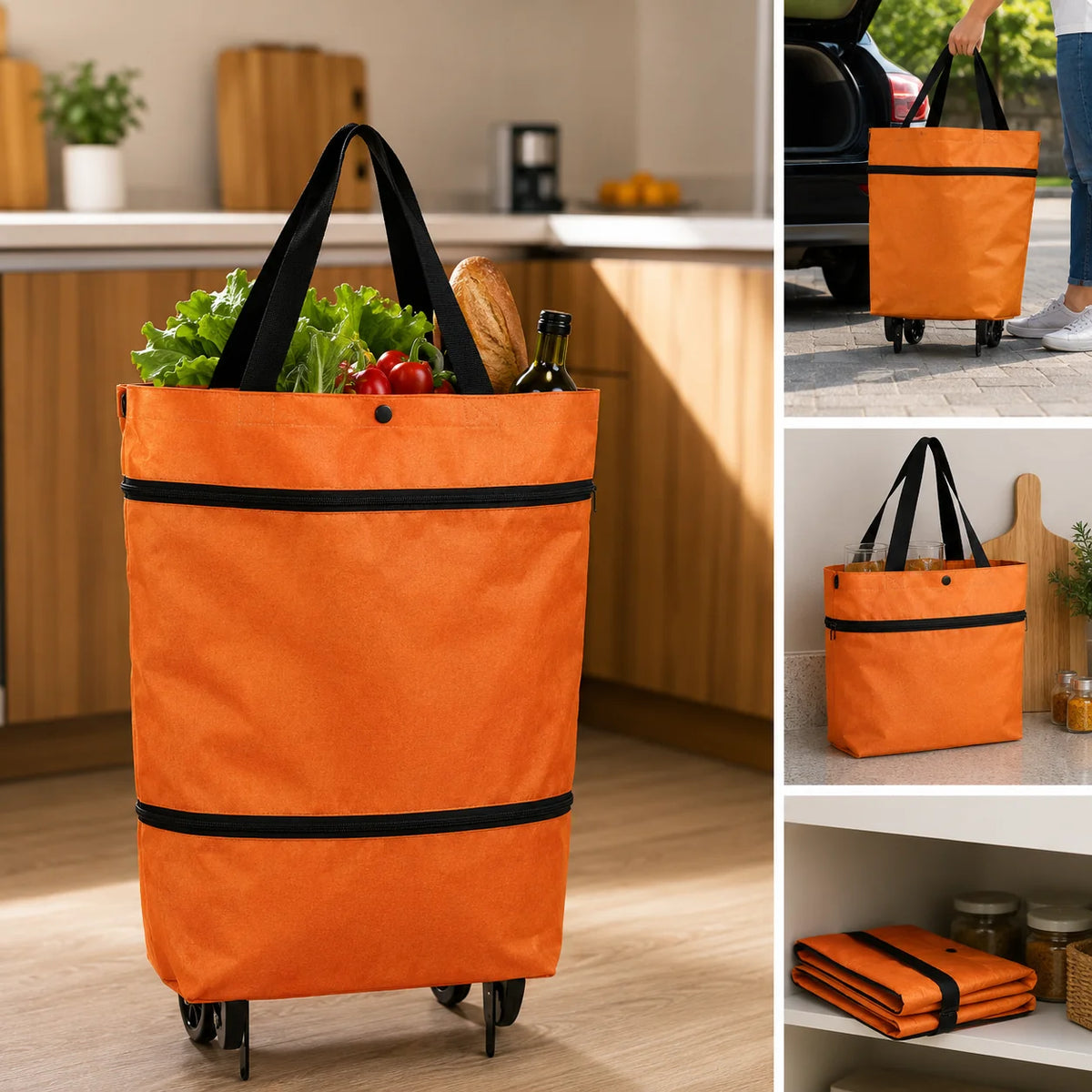 Foldable Shopping Bag Built-In Wheels Durable Fabric