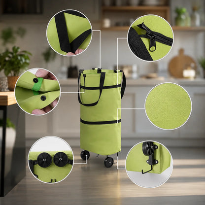 Foldable Shopping Bag Built-In Wheels Durable Fabric