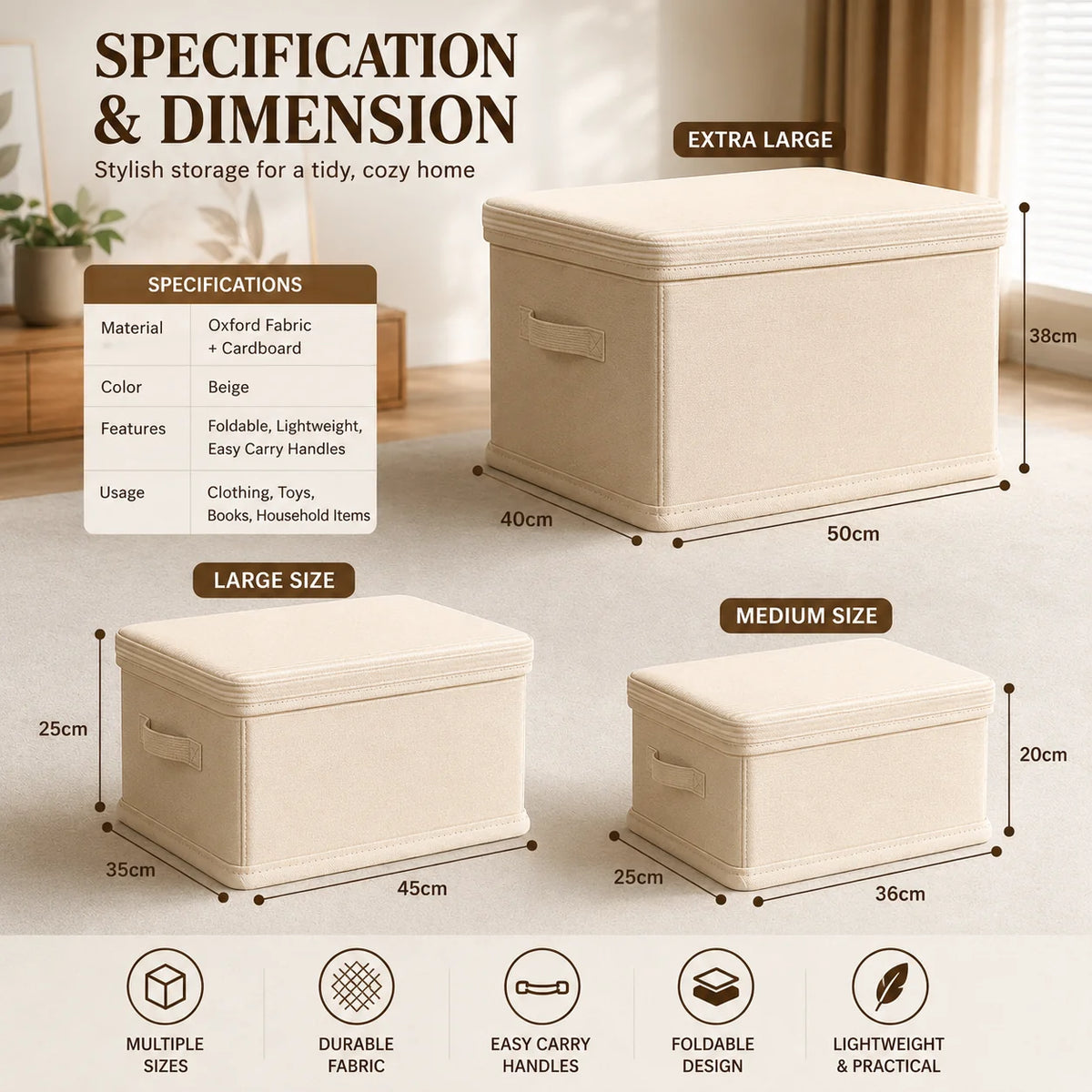 Foldable Storage Box With Lid Collapsible Reinforced Panels