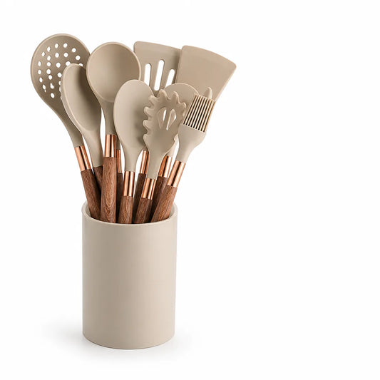 Food-Safe Silicone Heads With Wood Handles Kitchen Utensil Set (10-Piece)