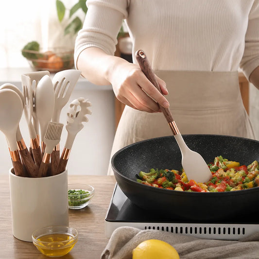 Food-Safe Silicone Heads With Wood Handles Kitchen Utensil Set (10-Piece)