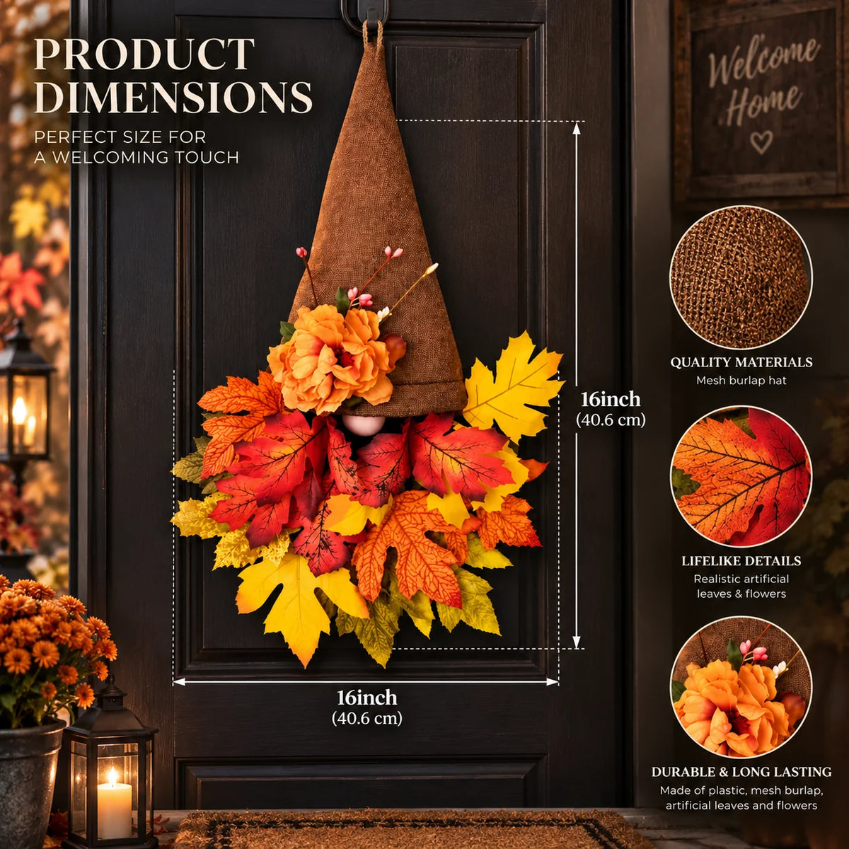 Front Door Wreath Gnome Centerpiece Mesh Burlap 16 Inch