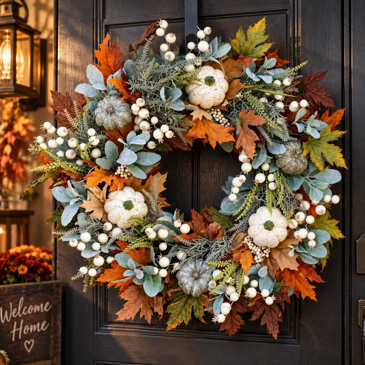 Front Door Wreath Maple Leaves & Pumpkins Ready To Hang