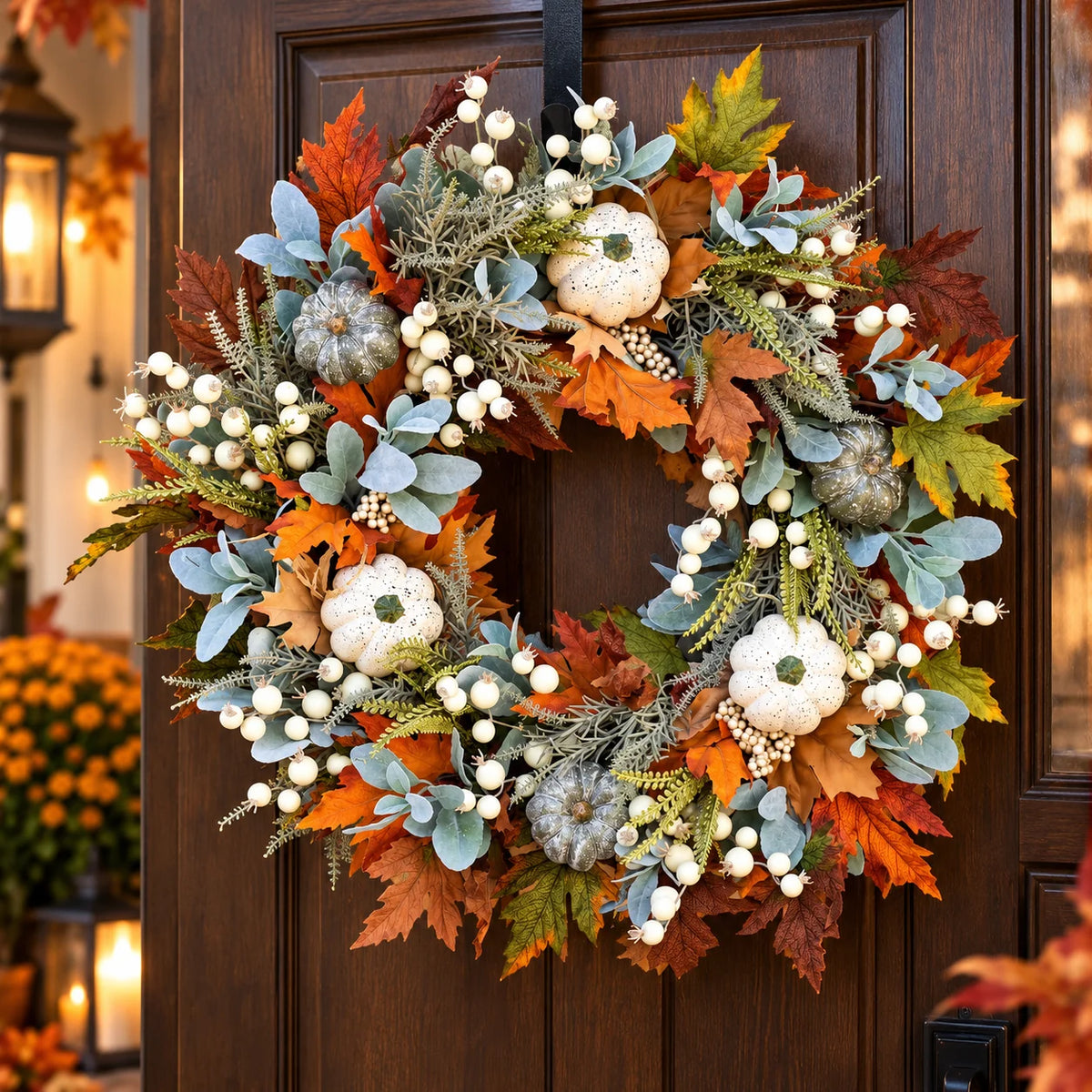 Front Door Wreath Maple Leaves & Pumpkins Ready To Hang